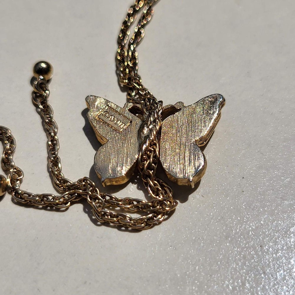 Vintage Avon Gold Tone Butterfly Lariat Necklace Blue White Adjustable Slide - Picture 5 of 10
